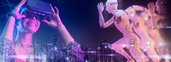 future digital technology metaverse game and entertainment, teenager having fun play vr virtual reality avatar, sport game 3d robot in cyber space metaverse futuristic neon colorful background, 