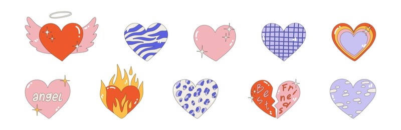 set of different hearts. vector illustration of cute hearts for valentine's day. hearts with animal print, wings, fire. nostalgia for the 2000 years. y2k style. all elements are isolated.