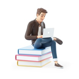 3d cartoon man sitting on books with laptop, illustration isolated on white background