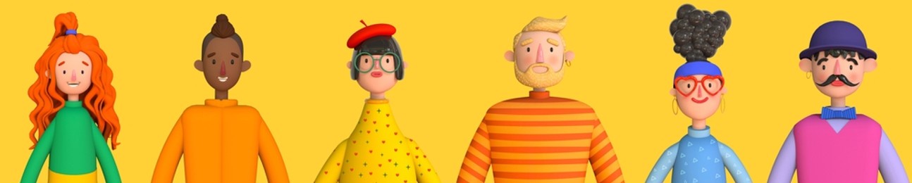 collection 3d avatars of diverse people joined with happiness. men and women faces and shoulders avatars. bright people portraits set 3d render.