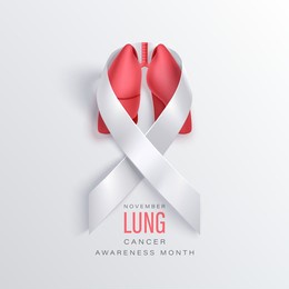 lung cancer awareness banner with lungs into photorealistic white ribbon on a light backdrop. symbol of world lung cancer awareness month in november