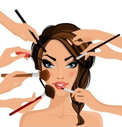 many hands with cosmetics brush doing make up of glamour girl vector illustration