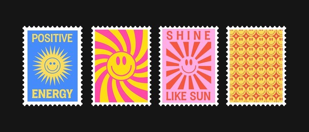 positive energy and sun shine retro postage stamps vector design. cool trendy patches collection. hippie print illustration.