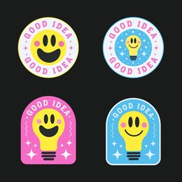 good idea cute sticker. cool comic patch, badge, pin vector design.