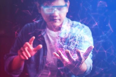 the metaverse universe, man wearing augmented reality on virtual screen future technology, the real world with the virtual world overlapped, transformed into the virtual world.
