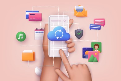 cloud computing upload and download data online service with mobile phone. polygonal wireframe cloud storage sign. 3d web vector illustrations.