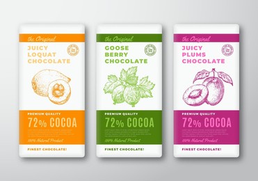 the original chocolate abstract vector packaging design labels set. modern typography and hand drawn loquat, gooseberry berries and plum fruit sketch silhouette background layouts collection isolated.