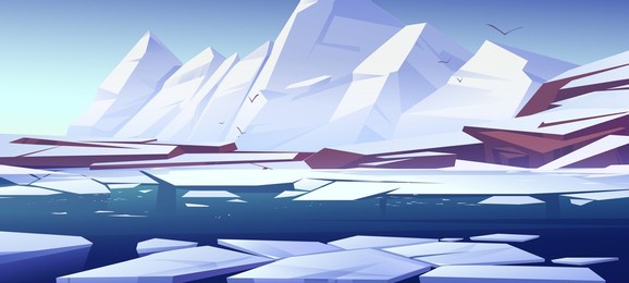 arctic landscape with white mountains and glaciers floating in sea. vector cartoon illustration of northern nature scene with snow on rocks and melting ice on water surface