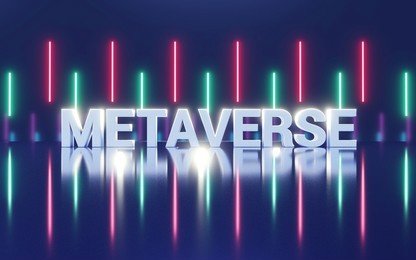 3d metaverse text on blue background. metaverse virtual reality world concept, 3d rendering.