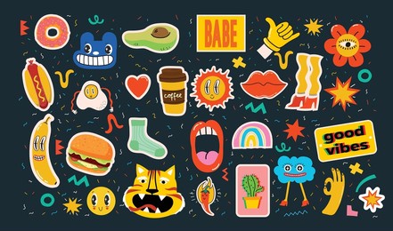 hand drawn vector illustrations of set of various patches, pins, stamps or stickers with abstract funny cute comic characters.