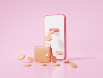 finance business concept. smartphone coins floating online payment money transfer via wallet. cartoon minimal, saving, cashback. 3d render illustration