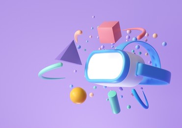 metaverse next generation of the internet. 3d virtual reality headset with objects floating around, vr metaverse concept. 3d render illustration.