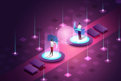 experience metaverse, the limitless virtual reality technology for future digital device users. woman and man use online vr headphones connect to the virtual space. isometric vector illustration.