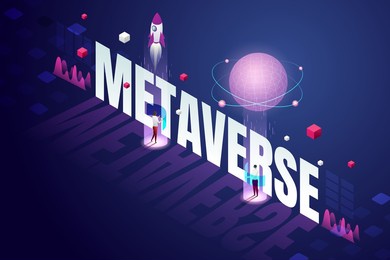 experience 3d metaverse, the limitless virtual reality technology for future users and digital devices. isometric vector illustration.