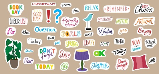 set of cute funny stickers for weekly or daily planner, diary, organizer. trendy hand drawn lettering words. sticker template, scrapbook. flat vector illustration