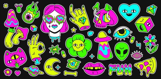 psychedelic retro space, rainbow and surreal elements sticker. abstract cartoon emoji, girl and cat character. holutination  set. illustration of surreal art bright, sticker emoji surrealism