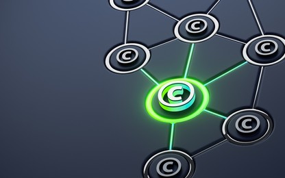 copyright neon sign glowing social networking iconic dark metallic background 3d rendering 