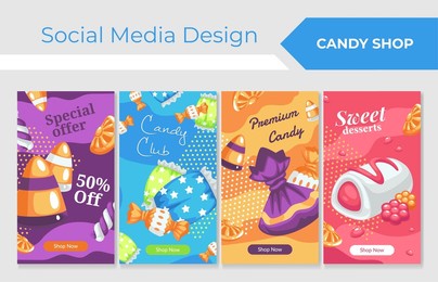 candy shop social media design, vector illustration. premium sweet dessert at colorful banner, poster set. confectionary store advertising, cute modern collection for online marketing.