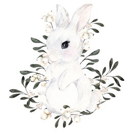 watercolor cute illustration with baby bunny and winter floral isolated on white background