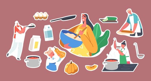 set of stickers happy family cooking. father, mother and kids on kitchen preparing food, parents and children meals preparation, eggs, squash, milk package, pan. cartoon people vector illustration