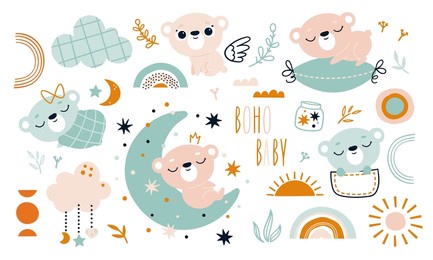 a set of bears and decorative elements in the boho baby style. vector illustration for children's room