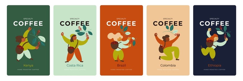 coffee package design set. label collection, template for brand packaging hand roasted coffee beans. vector illustration of happy pickers harvest red berries. ethiopia, colombia blend for cappuccino