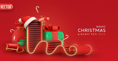 christmas red background. realistic 3d design xmas elements. green gift box, winter sleigh, gift bag and present. creative festive composition, letter to santa claus. happy new year banner, web poster