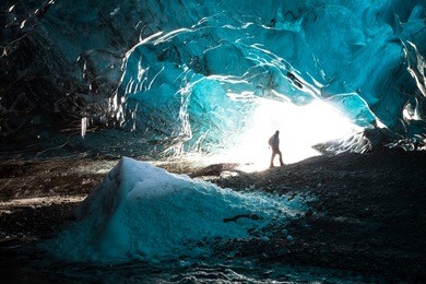 inside an icecave in vatnajokull, iceland, the ice is thousands of years old and so packed it is harder than steel and crystal clear. 