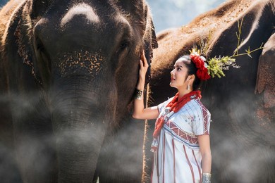 the local asian woman hugging her best friend elephant with love near forest. the great relationship between friends