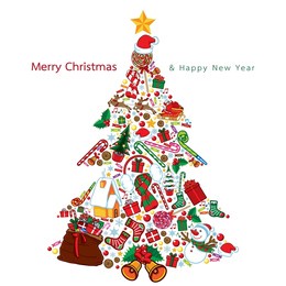 vector illustration of colorful christmas tree decorations made of bells,gift boxes,candies,berries,santa claus,sleigh,reindeer,on white,empty copy space for text,merry christmas, happy new year.
