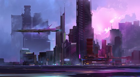 drawn atmospheric bright future city with skyscrapers and spaceship