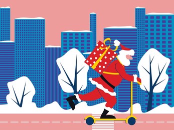 vector graphics - santa claus in a red suit rides on a road through a city with tall houses and snow-covered trees on a scooter with a large gift box on his back. concept christmas