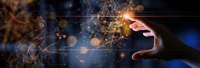 woman hand touching the metaverse universe,digital transformation conceptual for next generation technology era.