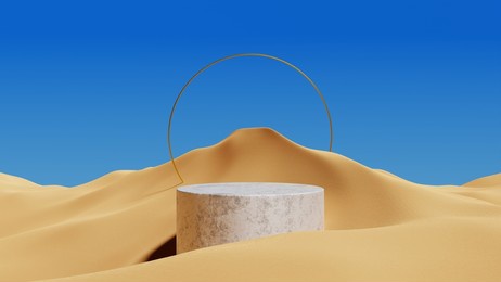 stone cylinder podium with golden round frame on a desert landscape.product display plateform template.3d render illustration.