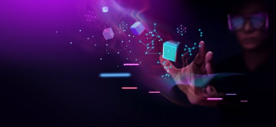 metaverse and blockchain technology concepts. person with glasses try to touching object for experiences of metaverse virtual world. futuristic tone