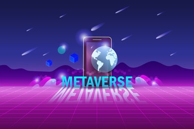 metaverse, virtual reality and augmented reality technology, user interface 3d experience. computer generated word metaverse on smart phone in virtual space and universe environment.