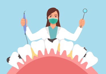 dental treatment by dentist concept vector illustration. dental illness. tooth decay.