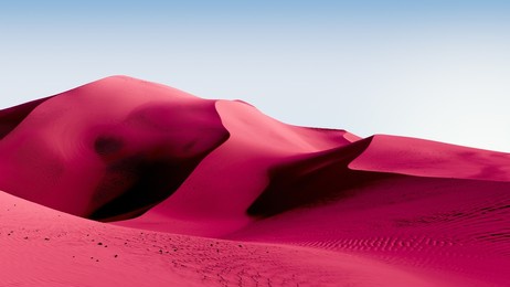 contrast pink dunes and blue sky. desert dunes landscape with contrast skies. minimal abstract background. 3d rendering