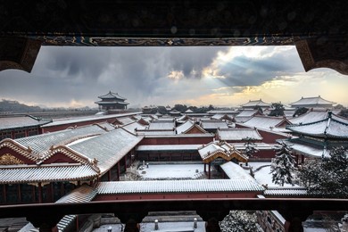 
the scenery of the forbidden city after snow in winter