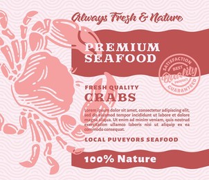 packaging design or label premium seafood with hand drawn crabs in doodle vintage style