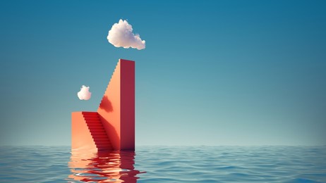 3d render, surreal seascape. white clouds in the blue sky above the high red stairs. modern minimal abstract background with geometric shape and water. challenge concept, business metaphor