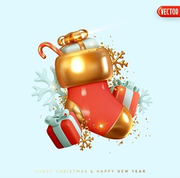 christmas red sock. festive background merry christmas and happy new year. xmas gift boxes, realistic 3d design of snowflakes, and golden confetti. holiday banner, web poster. vector illustration