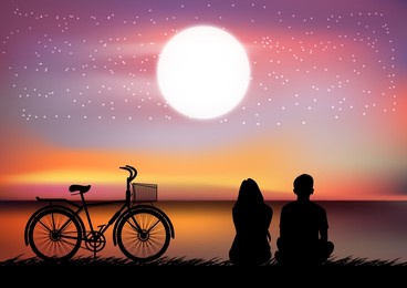 silhouette image a couple man and women sitting at the beach with moon in the sky at night time design vector illustration