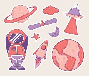 colorful hand drawn space elements stickers collection