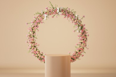 natural beauty podium backdrop for product display with pink rose flower. beautiful flower frame. empty copy space for your logo, message or product display in a pastel background. 3d render.
