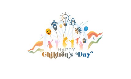 childrens day creative. india world international celebration on 14th november kids with futuristic think thought modern innovation technology and teacher