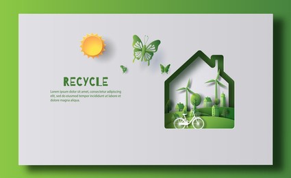 eco-friendly home with cutting-edge technology, including solar cells and a windmill, paper illustration, and 3d paper.