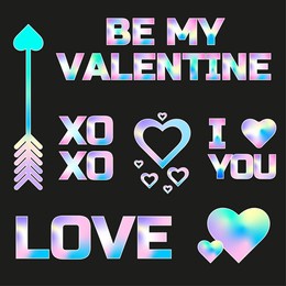 set of holographic valentine’s day stickers. hologram labels of different shapes. stickers for design mockups. holographic textured stickers for preview tags, labels