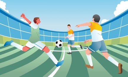 football match is in progress in the stadium, football players are playing in the field vector illustration.
