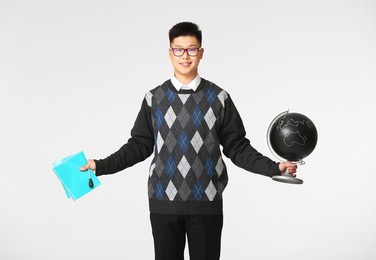 male asian geography teacher on white background